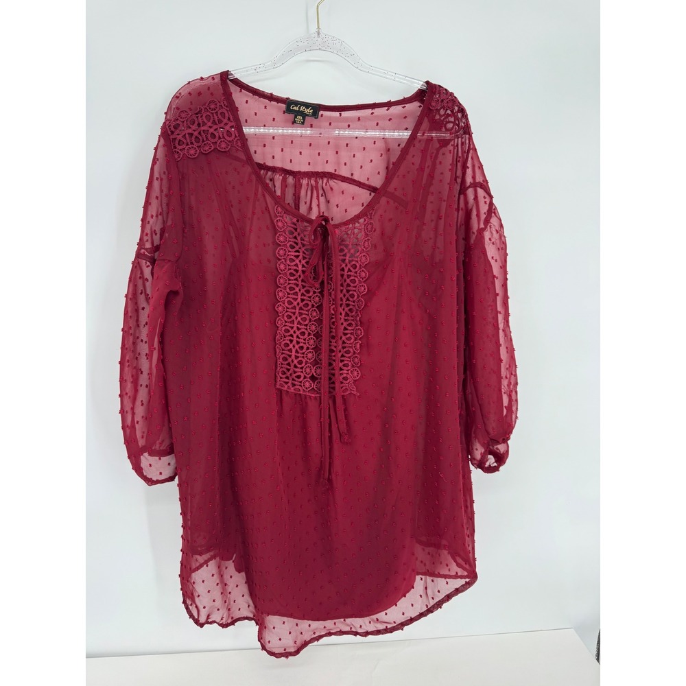 Cal Style Burgundy Dot Crochet Lace Tie Front Blouse with Camisole Sz 2XL Womens